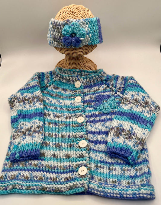 3 Y Blue and Periwinkle Acrylic Knit Cardigan and Headband