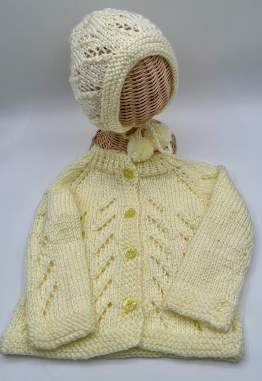 12-18M Lemon Yellow Lacework Acrylic Knit Cardigan and Hat