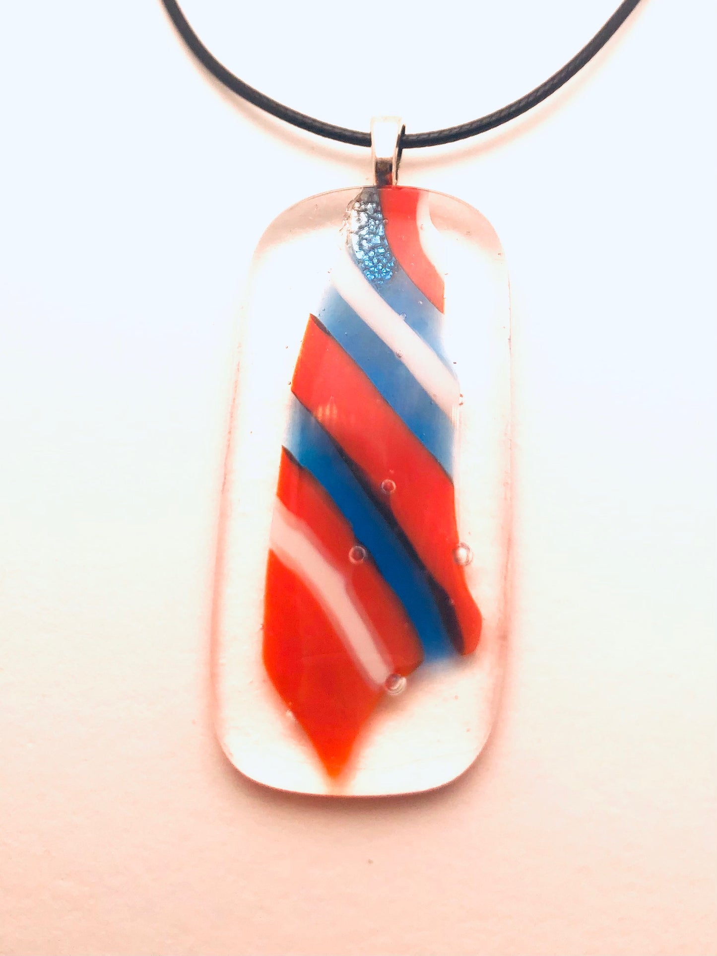 Necklace with fused Glass Pendant, large Pendant, long, clear with stripes