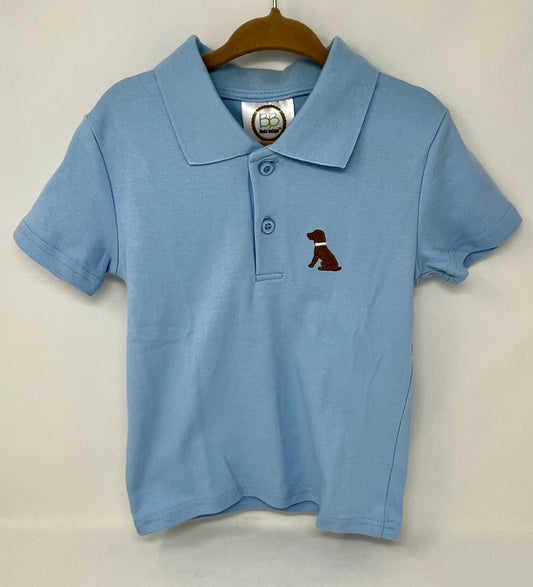 2 T Short Sleeved Blue Polo Shirt with Embroidered Dog