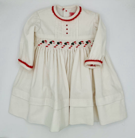 9 M Dress - White Corderoy Smocked Candy Cane