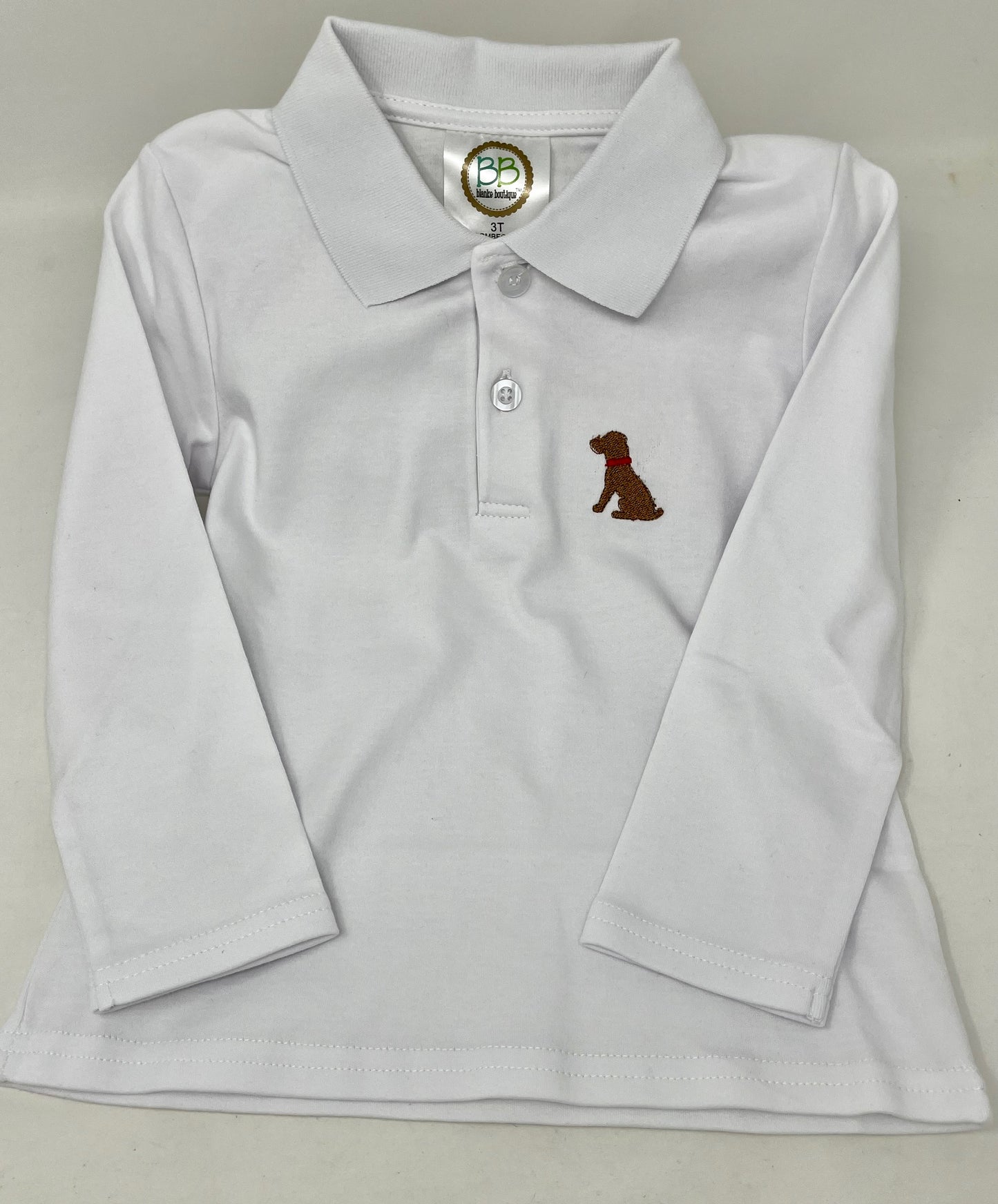 4 T Long Sleeved White Polo Shirt with Embroidered Dog