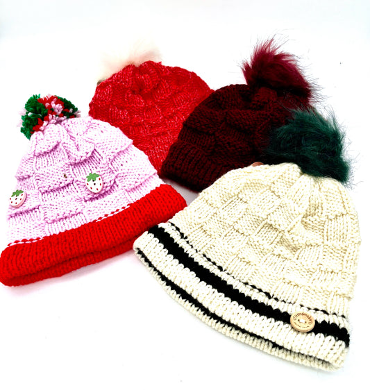 Child Small-Medium Assorted Acrylic Slouch Beanies and Pom Pom Hats