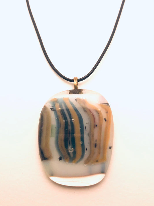 Necklace with fused Glass Pendant, large Pendant, clear/white with stripes