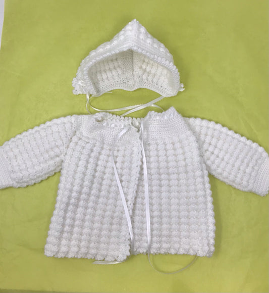 0-3 M White Arcylic Knit Cardigan and Bonnet Set