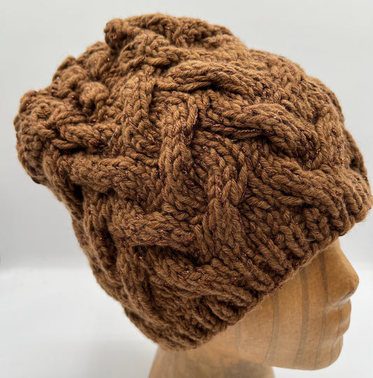 Nutmeg Brown Wool and Lurex Cabled Knit Beanie