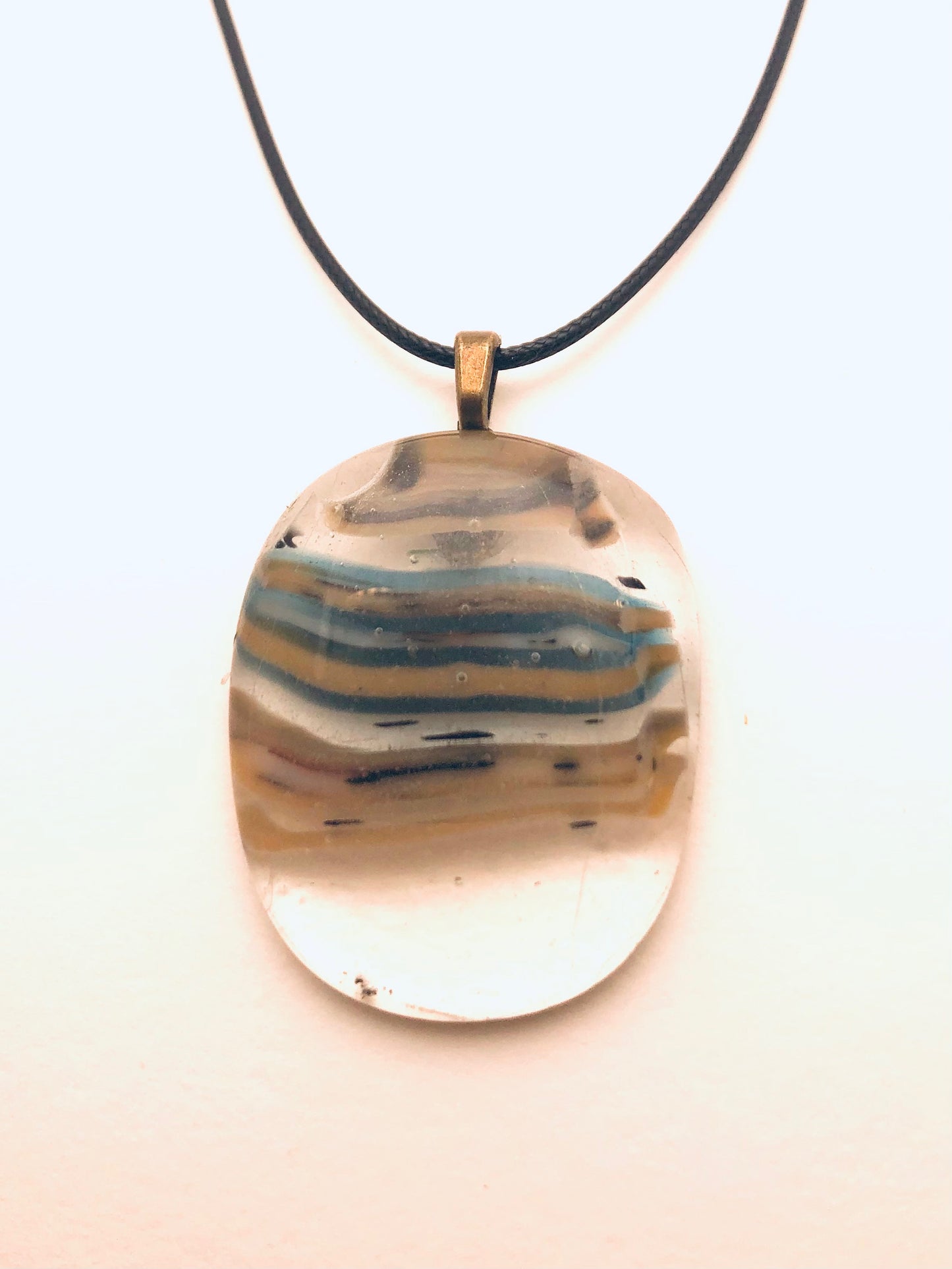 Necklace with fused Glass Pendant, large Pendant, oval, clear with stripes